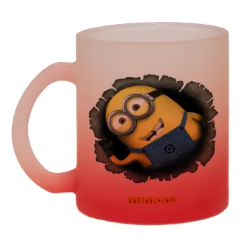 Minions hi, Κούπα γυάλινη δίχρωμη με βάση το κόκκινο ματ, 330ml