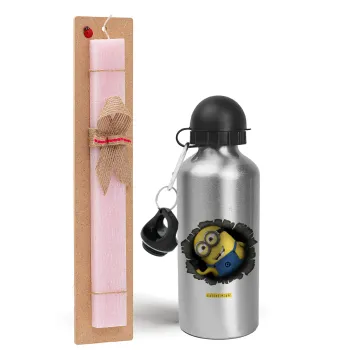 Minions hi, Easter Set, metallic Silver aluminum water bottle (500ml) & scented flat Easter candle (30cm) (PINK)