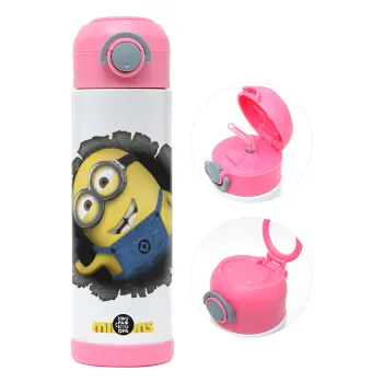 Minions hi, Children's hot water bottle, stainless steel, with safety straw, PINK (500ml)