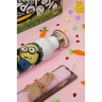 Minions hi, Πασχαλινή Λαμπάδα με παγούρι μεταλλικό (620ml, stainless steel) & κερί αρωματικό πλακέ (30cm) (ΡΟΖ)