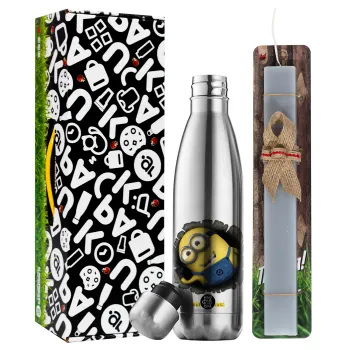 Minions hi, Easter Set, metallic stainless thermos flask (500ml) & scented flat Easter candle (30cm) (GRAY)