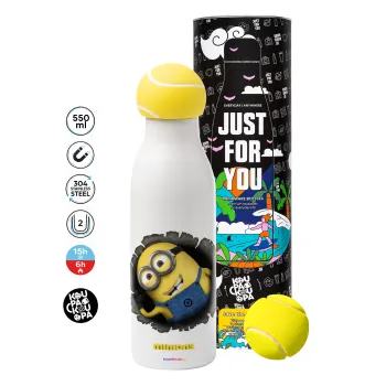 Minions hi, Μπάλα τένις μεταλλικό παγούρι θερμός, διπλού τοιχώματος, 550ml