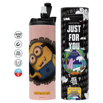 Minions hi, Tumbler ποτήρι θερμό ΡΟΖ από ανοξείδωτο ατσάλι 600ml