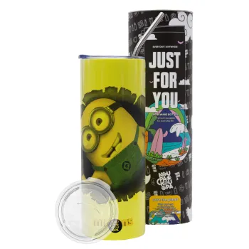 Minions hi, Neon Yellow Travel Tumbler θερμό, μεταλλικό καλαμάκι(Ανωξείδωτο 304 Food grade, BPA free, 600ml)