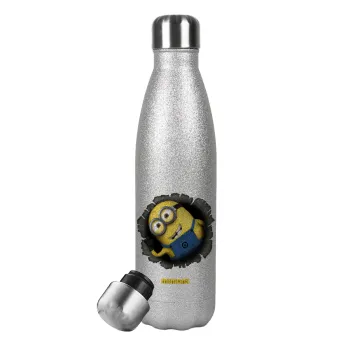 Minions hi, Metallic Glitter Silver Thermos Flask (Stainless steel), double-walled, 500ml