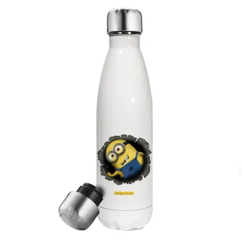 Minions hi, Μεταλλικό παγούρι θερμός Λευκό (Stainless steel), διπλού τοιχώματος, 500ml