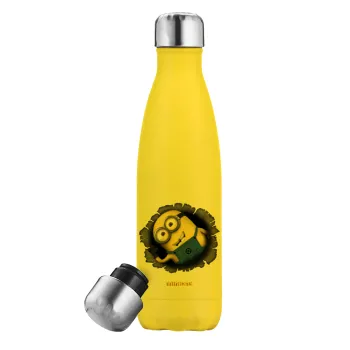 Minions hi, Μεταλλικό παγούρι θερμός Κίτρινος (Stainless steel), διπλού τοιχώματος, 500ml