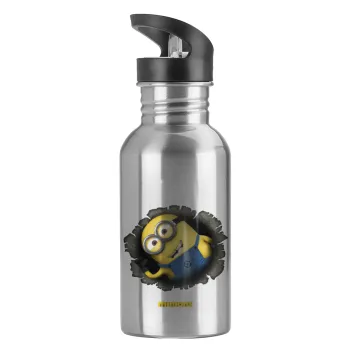 Minions hi, Παγούρι νερού Ασημένιο με καλαμάκι, ανοξείδωτο ατσάλι 600ml