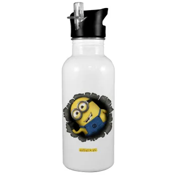 Minions hi, White water bottle with straw, stainless steel 600ml