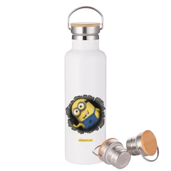 Minions hi, Stainless steel White with wooden lid (bamboo), double wall, 750ml
