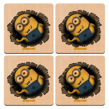 Minions hi, ΣΕΤ x4 Σουβέρ ξύλινα τετράγωνα plywood (9cm)