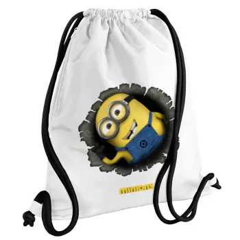 Minions hi, Τσάντα πλάτης πουγκί GYMBAG λευκή, με τσέπη (40x48cm) & χονδρά κορδόνια