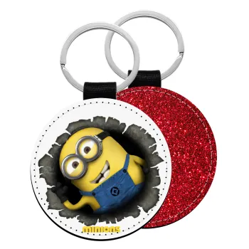 Minions hi, Μπρελόκ Δερματίνη, στρογγυλό ΚΟΚΚΙΝΟ (5cm)