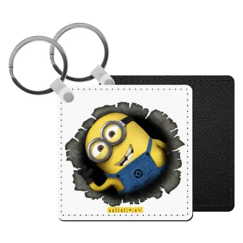 Minions hi, Μπρελόκ Δερματίνη, τετράγωνο ΜΑΥΡΟ (5x5cm)