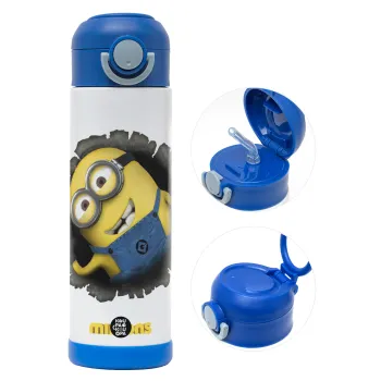 Minions hi, Παιδικό παγούρι θερμό, ανοξείδωτο, με καλαμάκι ασφαλείας, ΜΠΛΕ (500ml)