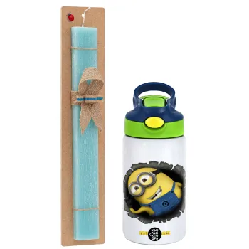 Minions hi, Easter Set, Children's thermal stainless steel bottle with safety straw, green/blue (350ml) & aromatic flat Easter candle (30cm) (TURQUOISE)