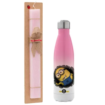 Minions hi, Easter Set, Metallic pink/white (Stainless steel) thermos, double-walled, 500ml & aromatic flat Easter candle (30cm) (PINK)