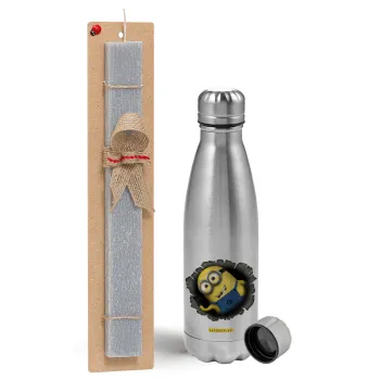 Minions hi, Easter Set, metallic Inox water bottle (750ml) & aromatic flat Easter candle (30cm) (GRAY)