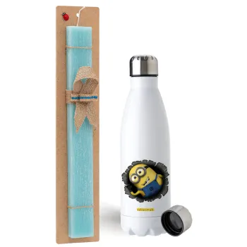 Minions hi, Easter Set, metallic stainless steel water bottle (750ml) & aromatic flat Easter candle (30cm) (TURQUOISE)