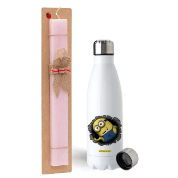 Minions hi, Easter Set, metallic stainless steel water bottle (750ml) & scented flat Easter candle (30cm) (PINK)