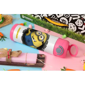 Minions hi, Πασχαλινή Λαμπάδα με Παιδικό παγούρι θερμό, ανοξείδωτο, με καλαμάκι ασφαλείας, ΡΟΖ (500ml)