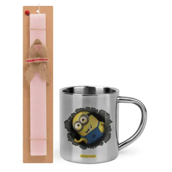 Minions hi, Πασχαλινή Λαμπάδα με μεταλλική κούπα θερμό (300ml) & κερί αρωματικό πλακέ (30cm) (ΡΟΖ)