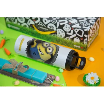 Minions hi, Πασχαλινή Λαμπάδα με Travel Tumbler θερμό με διπλό καπάκι (600ml, BPA free) & κερί αρωματικό πλακέ (30cm) (ΤΙΡΚΟΥΑΖ)