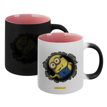 Minions hi, Κούπα Μαγική εσωτερικό ΡΟΖ, κεραμική 330ml που αλλάζει χρώμα με το ζεστό ρόφημα
