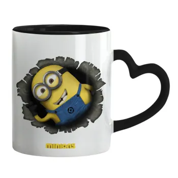 Minions hi, Κούπα καρδιά χερούλι μαύρη, κεραμική, 330ml