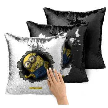 Minions hi, Μαξιλάρι καναπέ Μαγικό Μαύρο με πούλιες 40x40cm περιέχεται το γέμισμα
