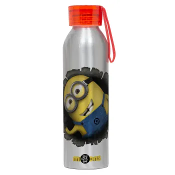 Minions hi, Αλουμινένιο Αθλητικό Μπουκάλι 650ml – Ασημί με Κόκκινο Καπάκι και Λουράκι Σιλικόνης
