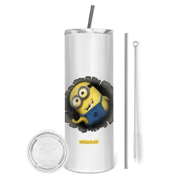 Minions hi, Tumbler ποτήρι θερμό από ανοξείδωτο ατσάλι 600ml, με μεταλλικό καλαμάκι & βούρτσα καθαρισμού