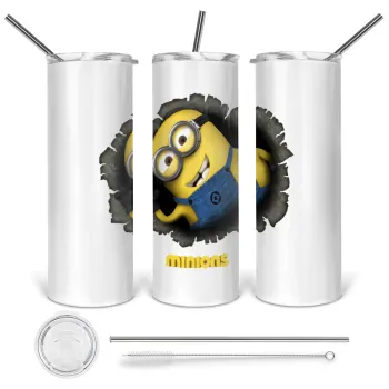 Minions hi, Tumbler ποτήρι θερμό από ανοξείδωτο ατσάλι 600ml, με μεταλλικό καλαμάκι & βούρτσα καθαρισμού