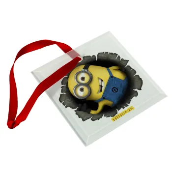 Minions hi, Christmas ornament, glass square ornament 9x9cm