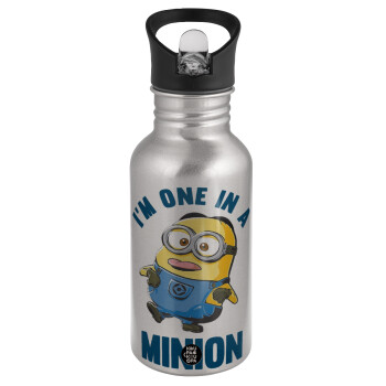 I'm one in a minion, Water bottle Silver with straw, stainless steel 500ml