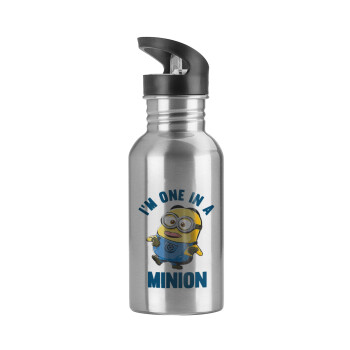 I'm one in a minion, Water bottle Silver with straw, stainless steel 600ml