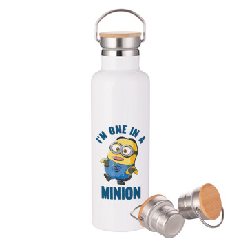 I'm one in a minion, Μεταλλικό παγούρι θερμός (Stainless steel) Λευκό με ξύλινο καπάκι (bamboo), διπλού τοιχώματος, 750ml