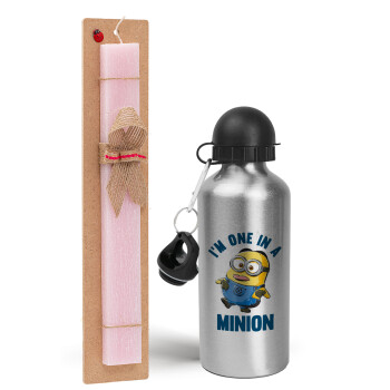 I'm one in a minion, Easter Set, metallic Silver aluminum water bottle (500ml) & scented flat Easter candle (30cm) (PINK)
