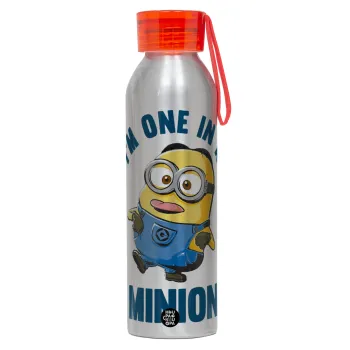 I'm one in a minion, Αλουμινένιο Αθλητικό Μπουκάλι 650ml – Ασημί με Κόκκινο Καπάκι και Λουράκι Σιλικόνης
