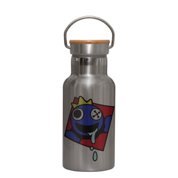Blue, Rainbow friends, Stainless steel metallic thermos flask, silver with a bamboo lid, double-walled, 350ml.
