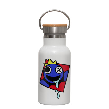 Blue, Rainbow friends, Μεταλλικό παγούρι θερμός (Stainless steel) Λευκό με ξύλινο καπακι (bamboo), διπλού τοιχώματος, 350ml