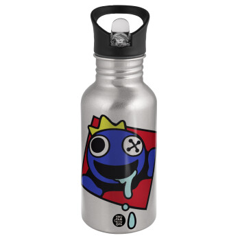 Blue, Rainbow friends, Water bottle Silver with straw, stainless steel 500ml