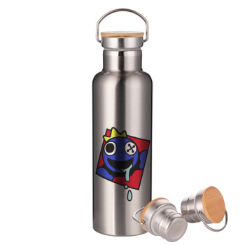 Blue, Rainbow friends, Stainless steel Silver with wooden lid (bamboo), double wall, 750ml
