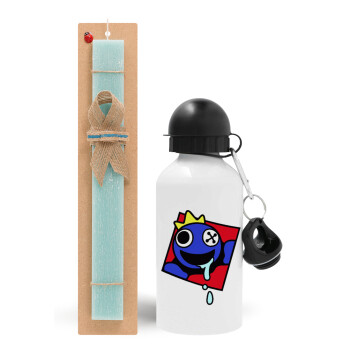 Blue, Rainbow friends, Easter Set, metallic aluminum water bottle (500ml) & scented flat candle (30cm) (TURQUOISE)