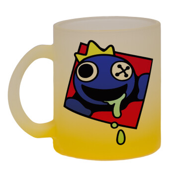 Blue, Rainbow friends, Κούπα γυάλινη δίχρωμη με βάση το κίτρινο ματ, 330ml