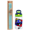 Easter Set, Children's thermal stainless steel bottle with safety straw, green/blue (350ml) & aromatic flat Easter candle (30cm) (TURQUOISE)