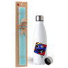 Easter Set, metallic stainless steel water bottle (750ml) & aromatic flat Easter candle (30cm) (TURQUOISE)