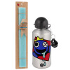 Easter Set, metallic silver aluminum water bottle (500ml) & scented flat Easter candle (30cm) (TURQUOISE)
