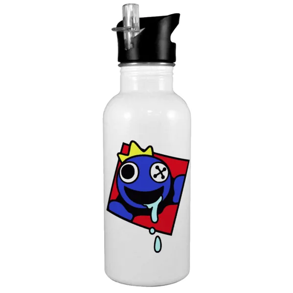 Blue — White water bottle with straw, stainless steel 600ml