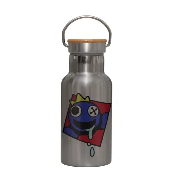 Blue, Rainbow friends, Μεταλλικό παγούρι θερμός (Stainless steel) Ασημένιο με ξύλινο καπακι (bamboo), διπλού τοιχώματος, 350ml